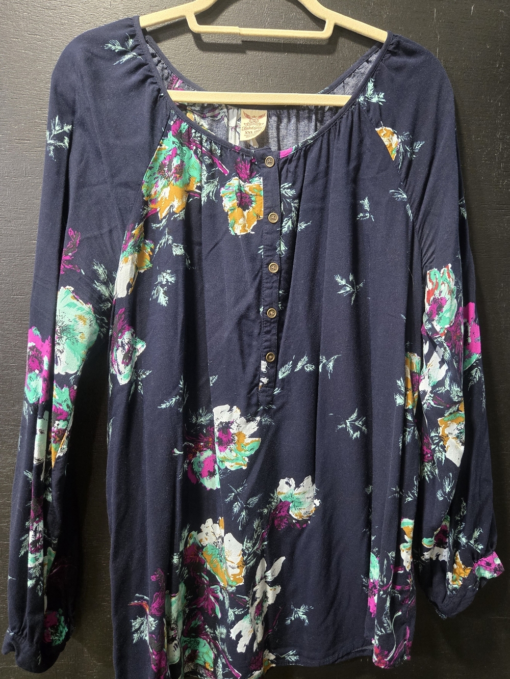 Faded Glory Navy Floral Button-Placket Peasant Tunic